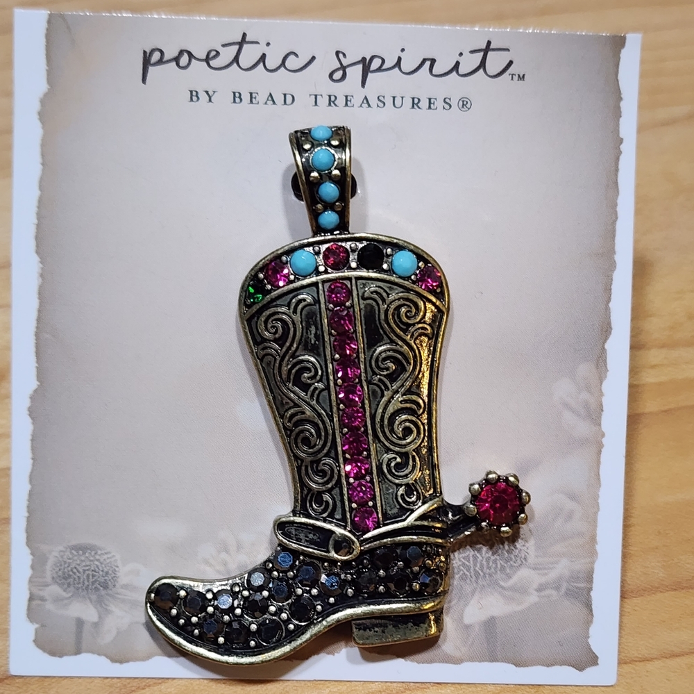 Poetic Spirit Gold Tone Cowboy Boot Pendant with Dark Pink Crystal Accents New